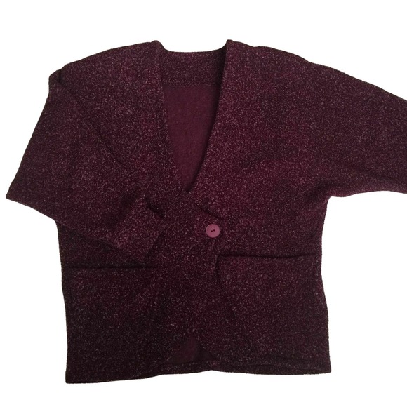 Burgundy Chunky Woven Jacket Women XL One Button 2 Large Pockets Shoulder Pads - Picture 8 of 9